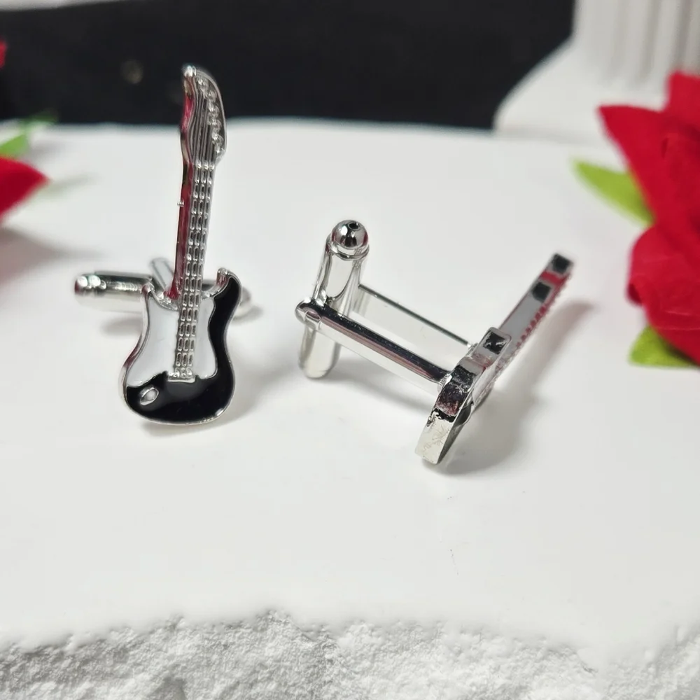 Guitar Cufflinks Silver Musician Tuxedo Prom Wedding Masculine Gift Professional